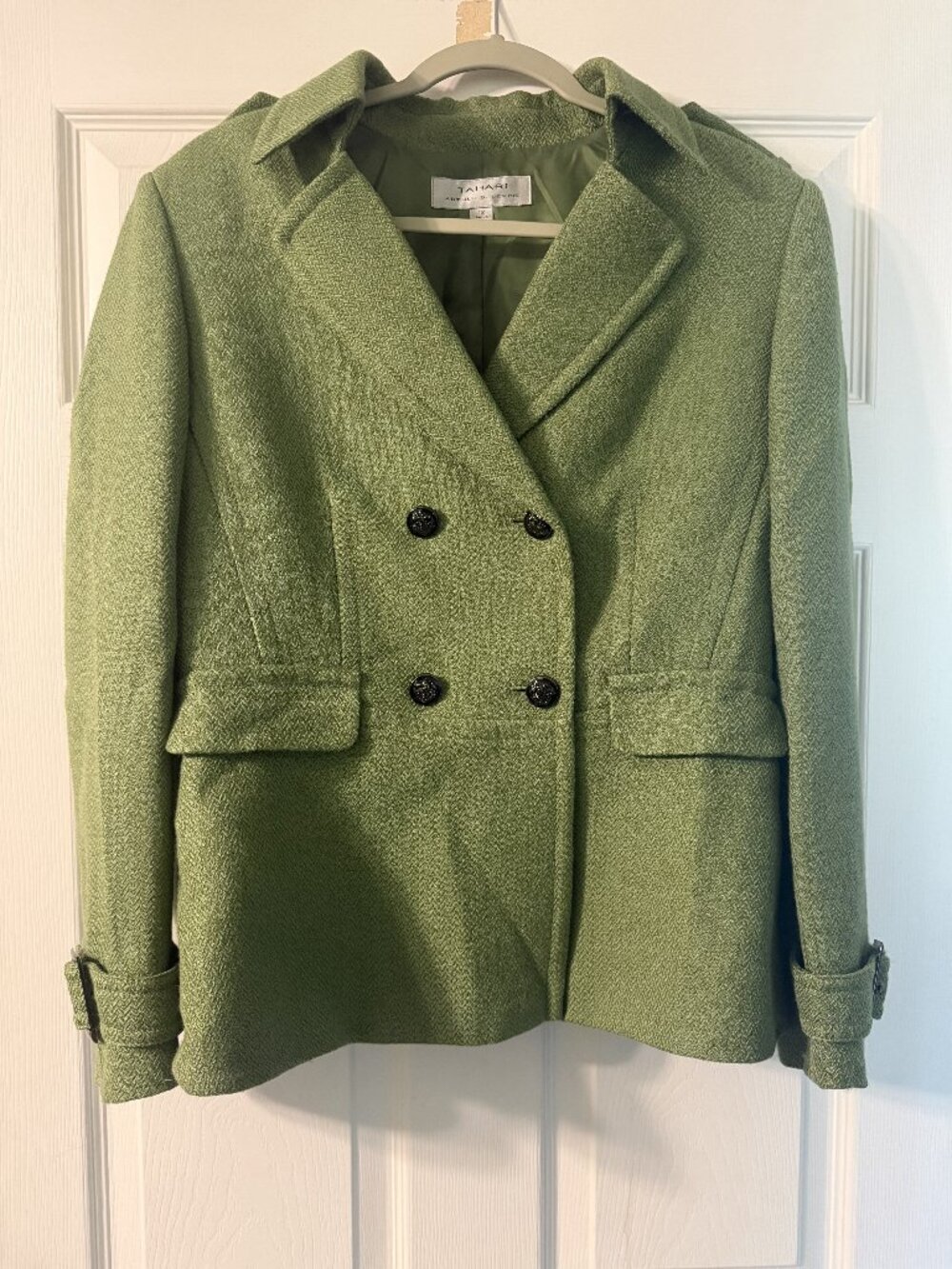 Tahari Arthur S. Levine Green Double Breasted Wool Blend Pea Coat Size 12